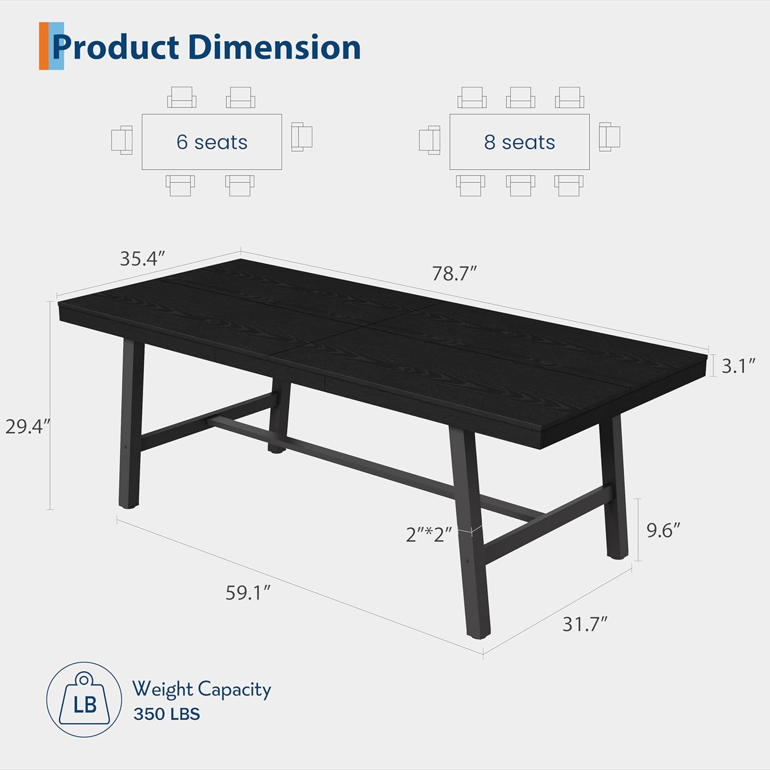 Garvee Industrial Dining Table for 6-8, 78.74" Extra Long Rectangular Kitchen Table with 2"×2" Metal Legs & Wood Top, Large Dining Table for Dining Room, Home Office, Black