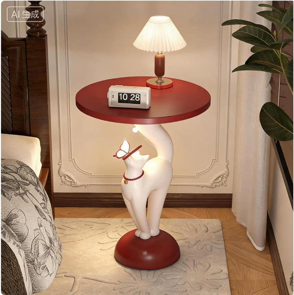 Creative Cat-Shaped Side Table,Floor-Standing Bedside Cabinet with Open Shelf,Resin Coffee Tables for Living Room,Bedroom,Balcony,Office,Hallway Home Decor Gift(35 * 35 * 50CM, Red and White)