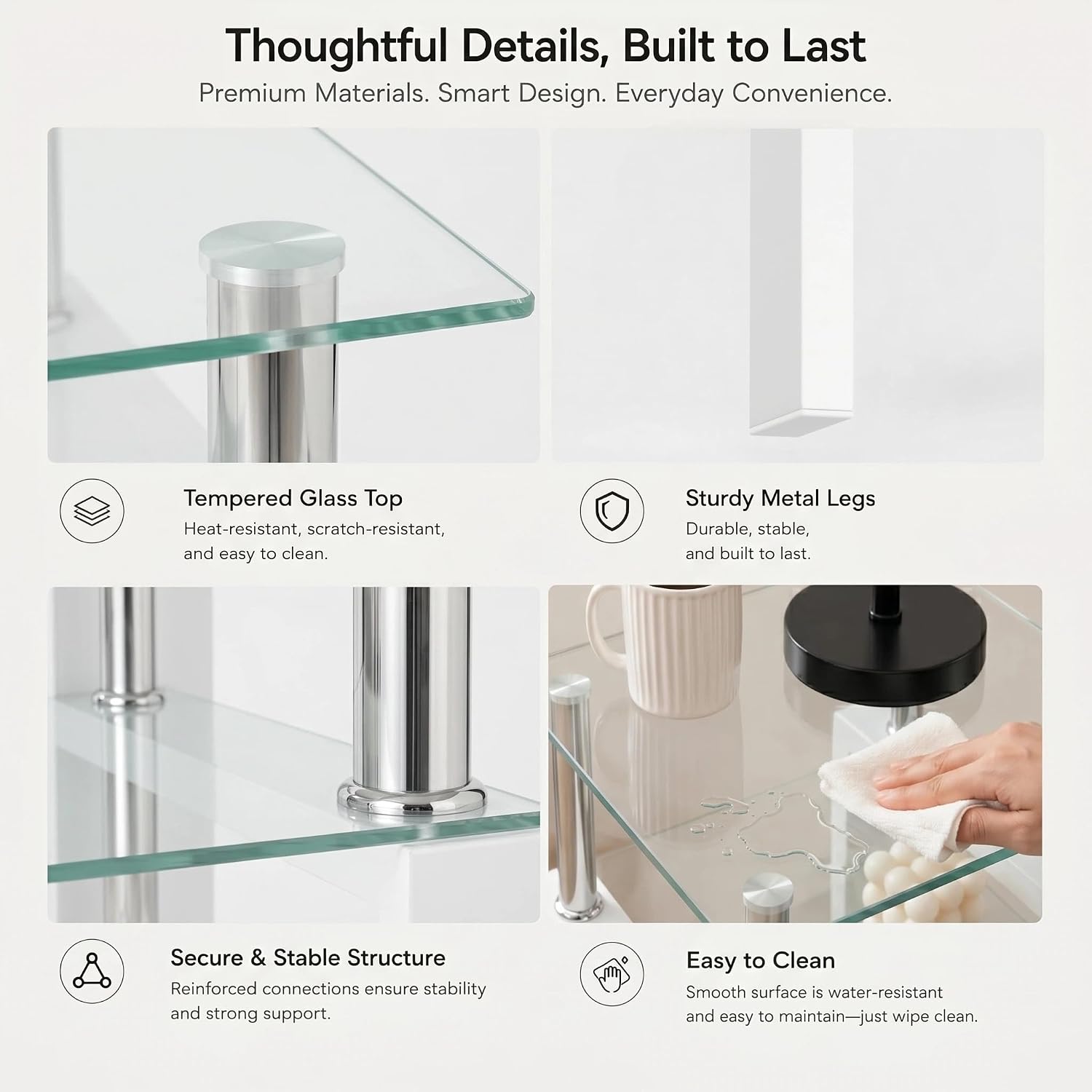 Meihua Tempered Glass End Table, White Modern Square Side Table with Metal Frame, 2-Tier Glass Accent Table for Living Room, Bedroom, Apartment & Small Spaces