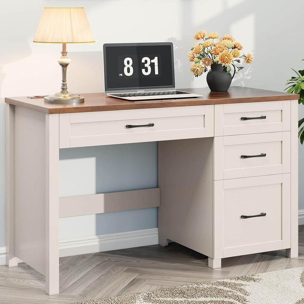 Vabches Farmhouse 47" Executive Desk with 4 Drawers, Computer Desk with File Drawer and Charging Station, Workstation for Home Office, Study. Unique White.