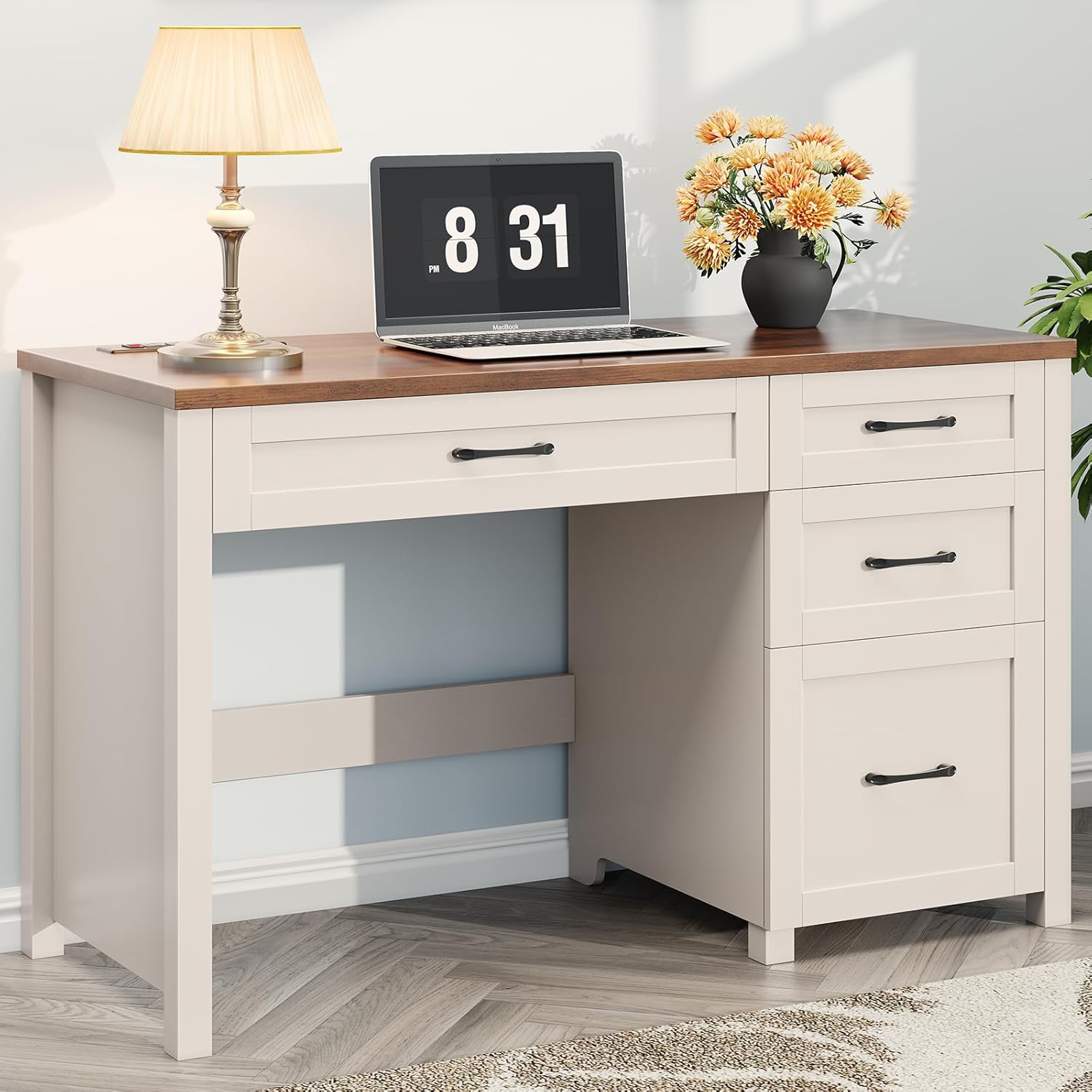 Vabches Farmhouse 47" Executive Desk with 4 Drawers, Computer Desk with File Drawer and Charging Station, Workstation for Home Office, Study. Unique White.