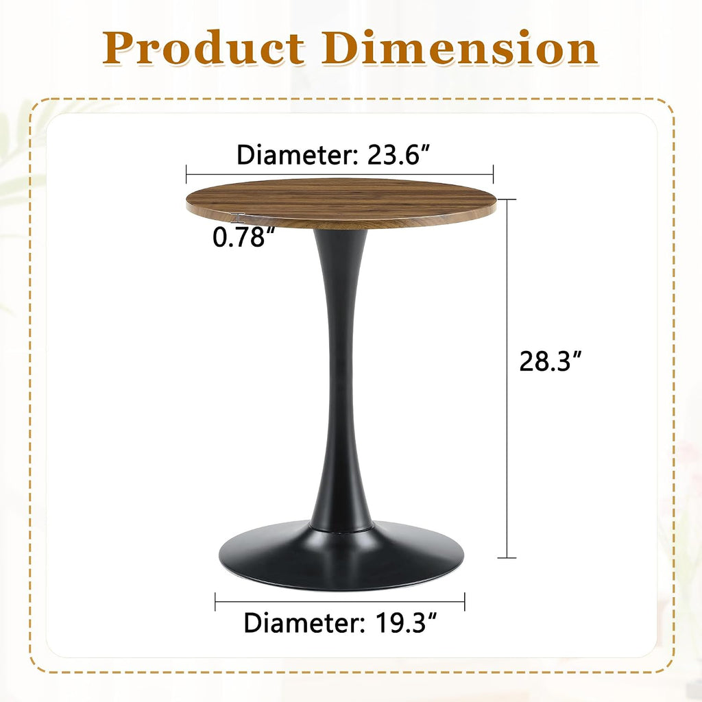 Walnut Round Dining Table for Small Space,24" Tulip Tables with Metal Pedestal Base,Bistro Table for 2 People for Office,Apartment,Kitchen,Break Room