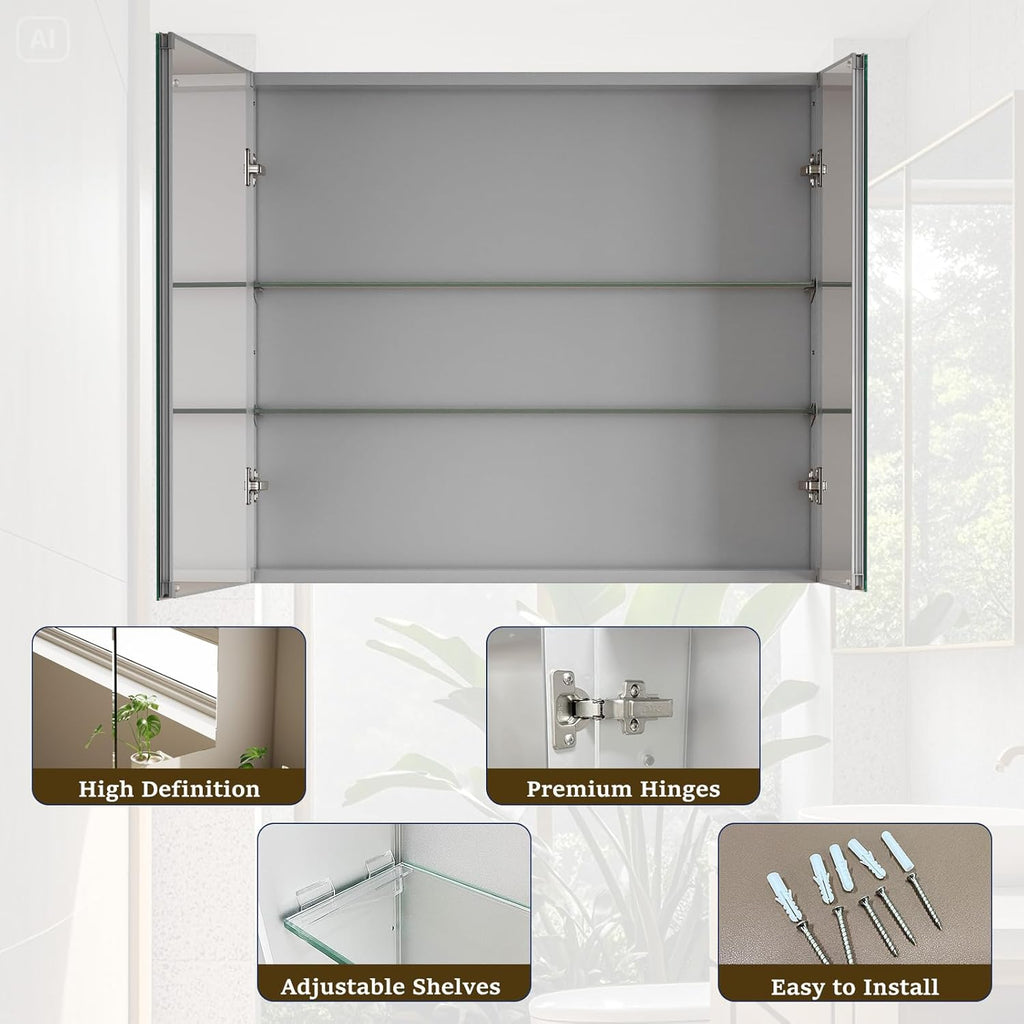 Bathroom Medicine Cabinet with Mirror, 30 Inch x 26 Inch Bathroom Mirror Cabinet with Double Door & Adjustable Shelves, Surface Mount or Recess Installation