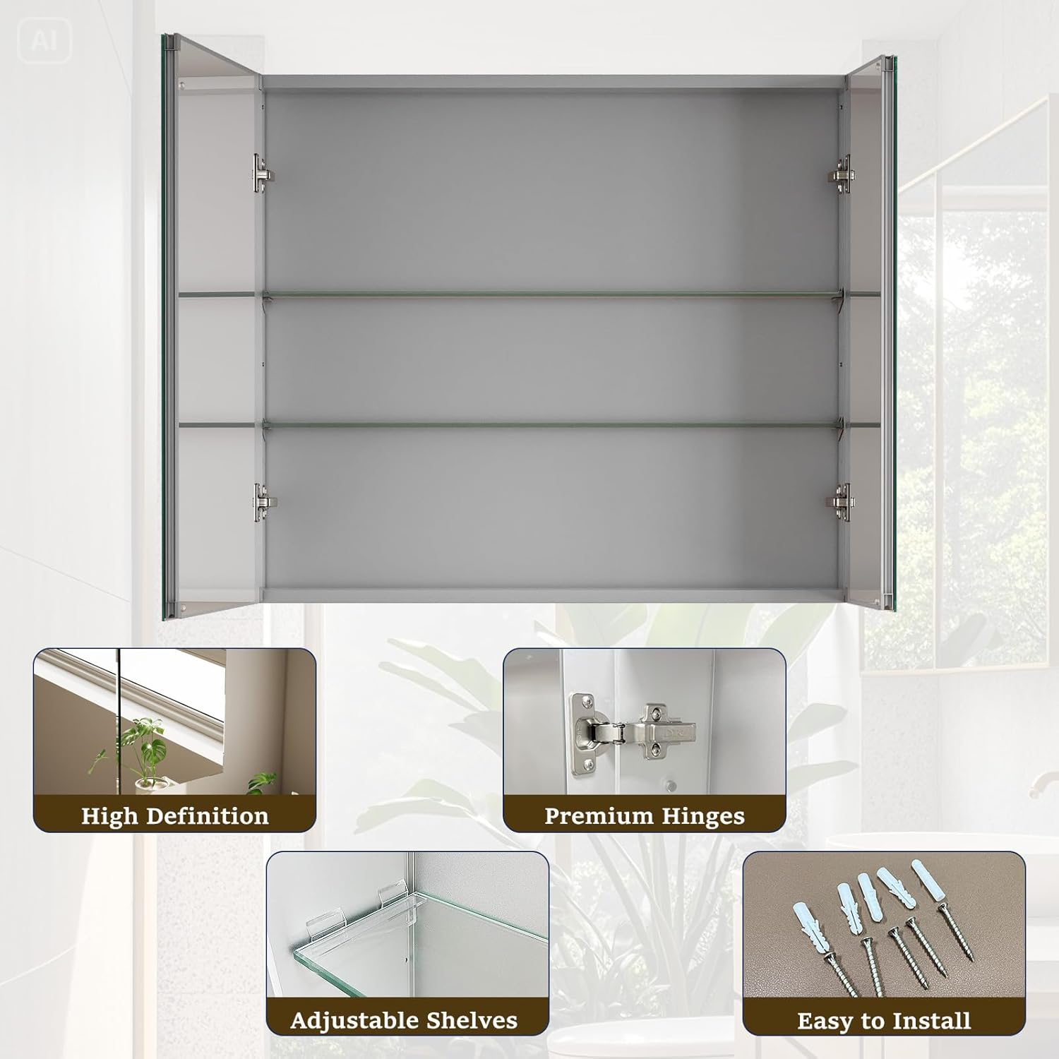 Bathroom Medicine Cabinet with Mirror, 30 Inch x 26 Inch Bathroom Mirror Cabinet with Double Door & Adjustable Shelves, Surface Mount or Recess Installation