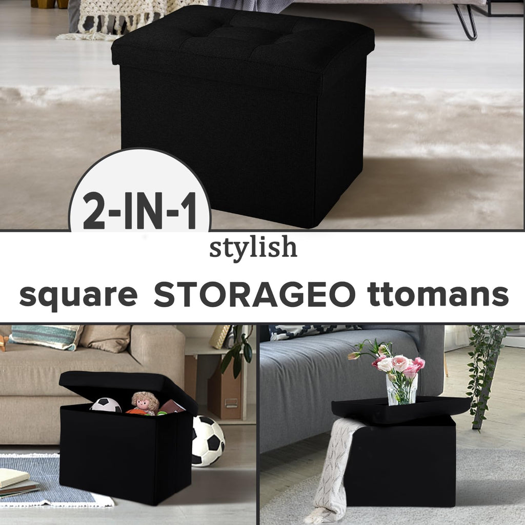 LINMAGCO Small Storage Ottoman Stool Foot Rest Stool Under Desk Stool Short Folding Ottoman Linen Cloth Black 17X13X13IN