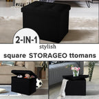 LINMAGCO Small Storage Ottoman Stool Foot Rest Stool Under Desk Stool Short Folding Ottoman Linen Cloth Black 17X13X13IN