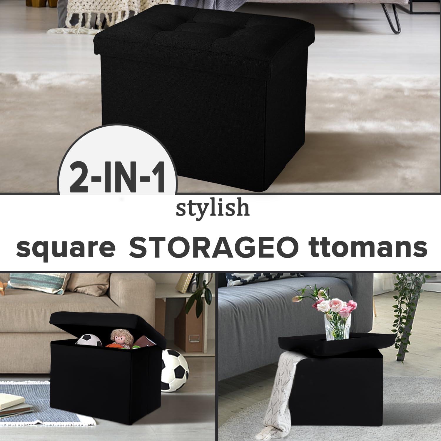 LINMAGCO Small Storage Ottoman Stool Foot Rest Stool Under Desk Stool Short Folding Ottoman Linen Cloth Black 17X13X13IN