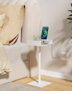 Yawinhe Small Metal Side Table,Versatile Coffee Drink Table with Weighted Base, End Table for Small Spaces with Phone Holder,Suitable for Living Room, Bedroom,7.8x7.8x21.6in,White,1 Pack,USZJ201W-1