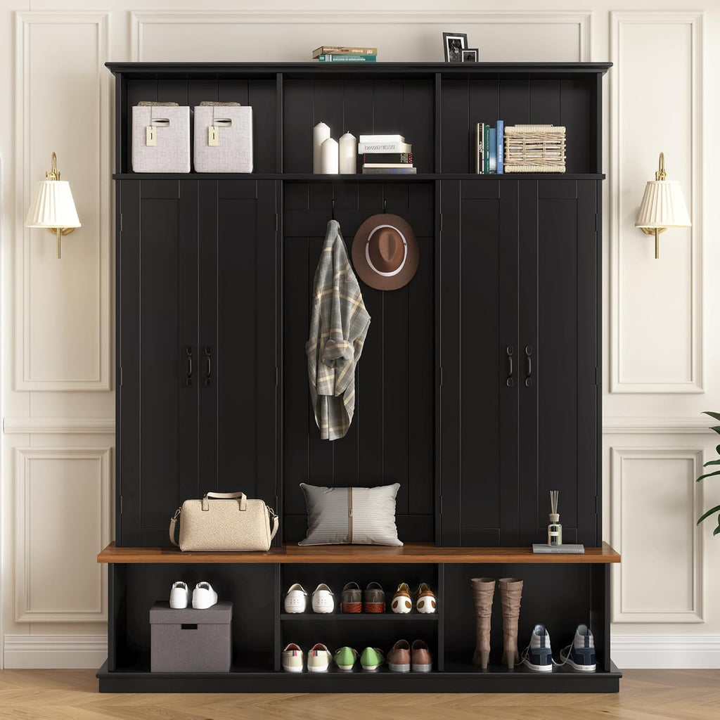 LUMISOL Farmhouse Hall Tree with Bench and Shoe Storage, 62''W Entryway Bench with Hooks, 2 Cabinets & 3 Open Top Cubbies for Entrance, Hallway, Mudroom, Black