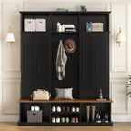 LUMISOL Farmhouse Hall Tree with Bench and Shoe Storage, 62''W Entryway Bench with Hooks, 2 Cabinets & 3 Open Top Cubbies for Entrance, Hallway, Mudroom, Black