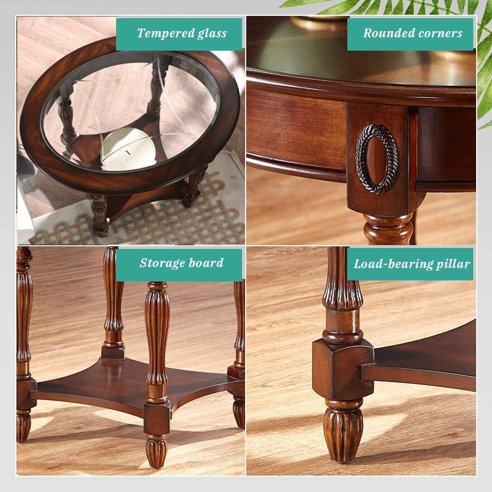 Traditional Solid Wood Oval End Table with Tempered Glass Top. Side Table for Living Room,Bedroom