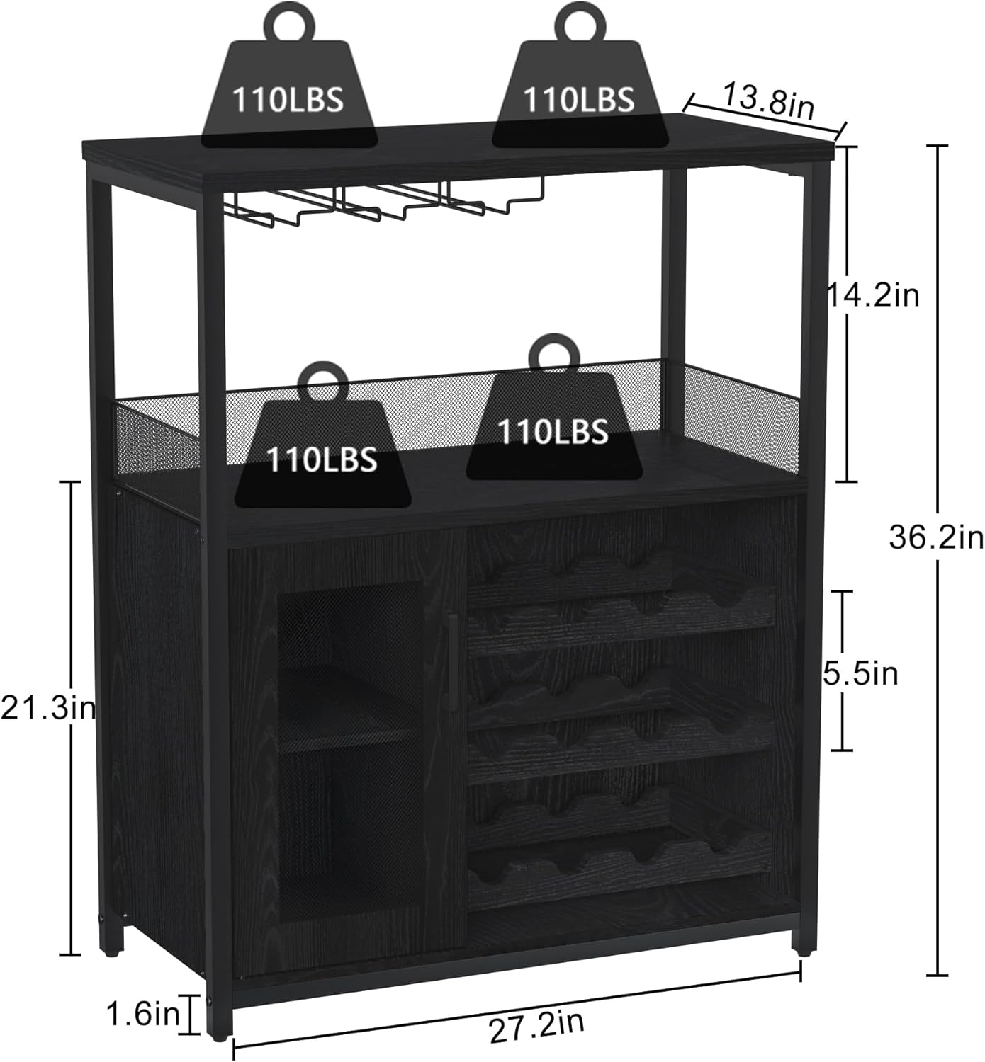 GAOMON Wine Bar Cabinet with Detachable Wine Rack, Bar Cabinet with Storage Space & Glass Holder, Mesh Door, Small Buffet Sideboard for Liquor and Glasses