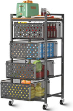 5 Tier Kitchen Storage Cart with Wheels, Utility Fruit Vegetable Storage Rack Stand with Pull-Out Baskets & Wood Top, Metal 4-Drawers Rolling Snack Cart, Kitchen Cart for Potato Onion(Black)