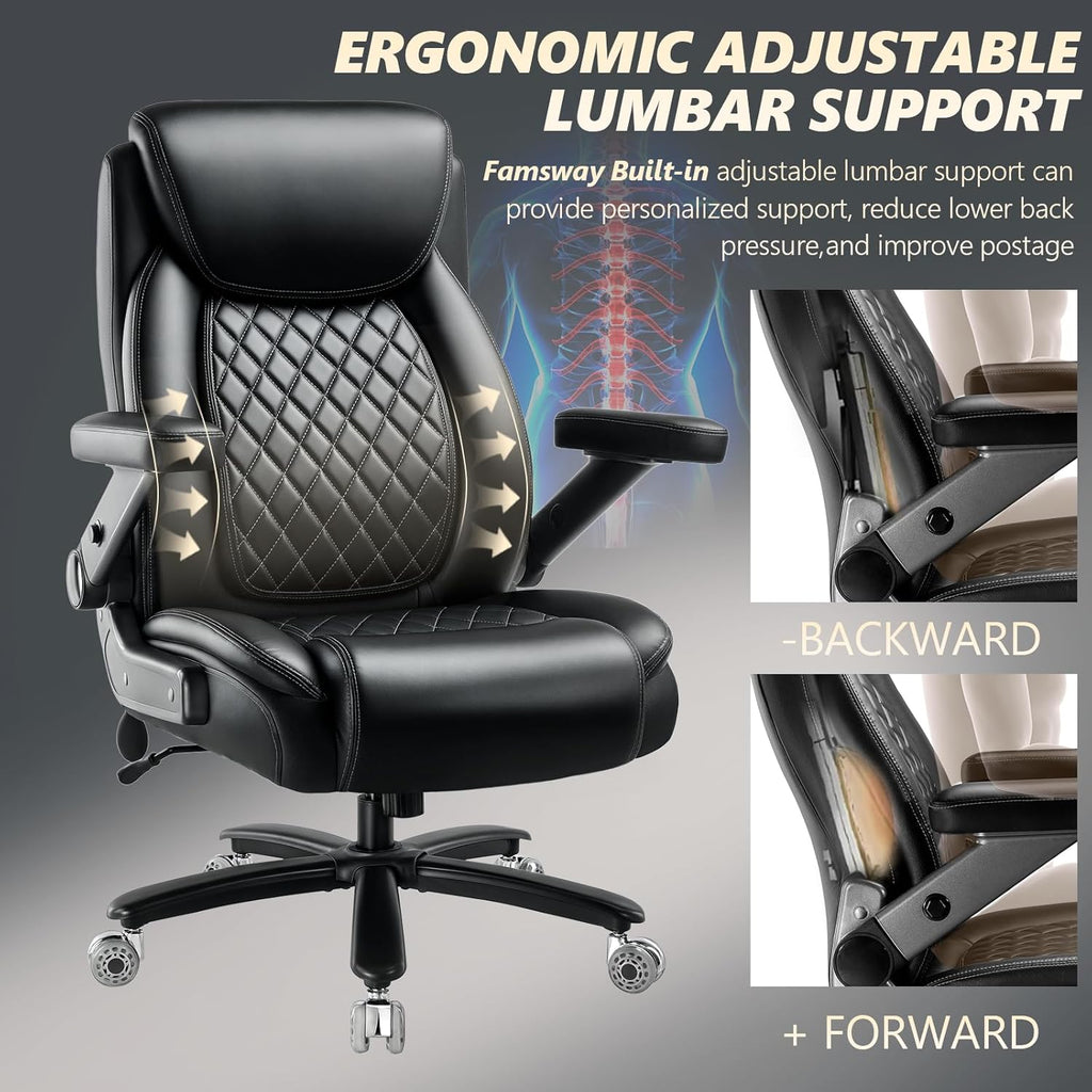 650LBS Big and Tall Office Chair with 5D Flip Arms and Thick Pocket Spring Cushion, Extra Wide Heavy Duty Office Chair & Adjustable Lumbar Support, Large High Back Computer Chair Dual Rubber Wheel