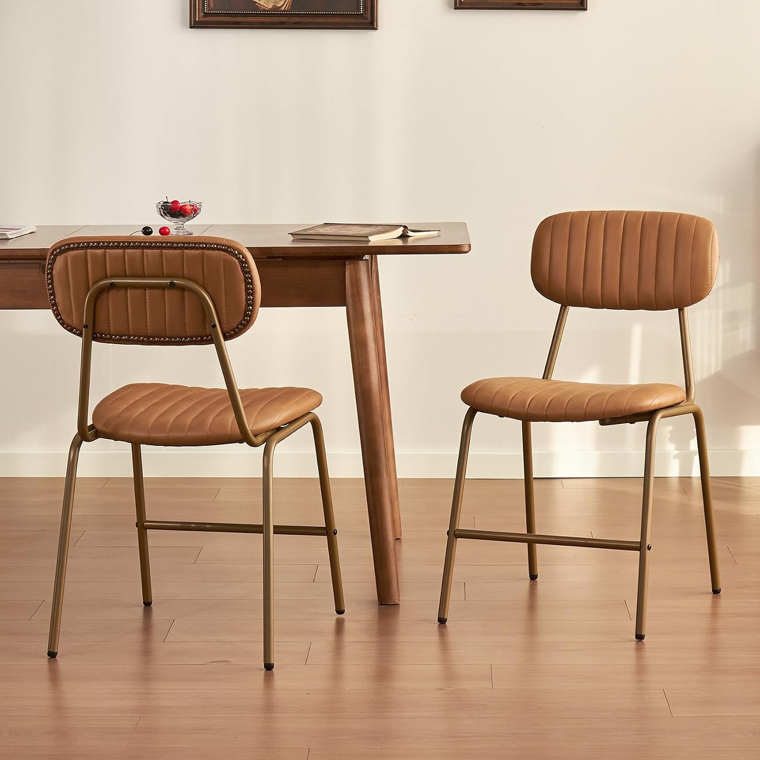 Mid Century Modern Dining Chairs Set of 2, Retro Chair with Faux Leather Upholstered Seat/Backrests & Vintage Distressing Metal Legs & Leg Protectors for Kitchen Dining Room (Brown,Assemble)