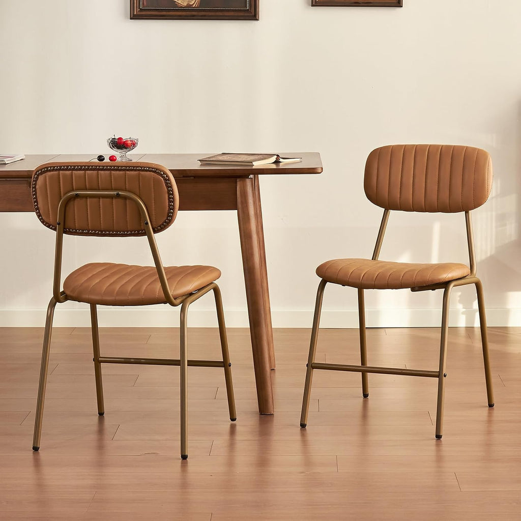 Mid Century Modern Dining Chairs Set of 2, Retro Chair with Faux Leather Upholstered Seat/Backrests & Vintage Distressing Metal Legs & Leg Protectors for Kitchen Dining Room (Brown,Assemble)