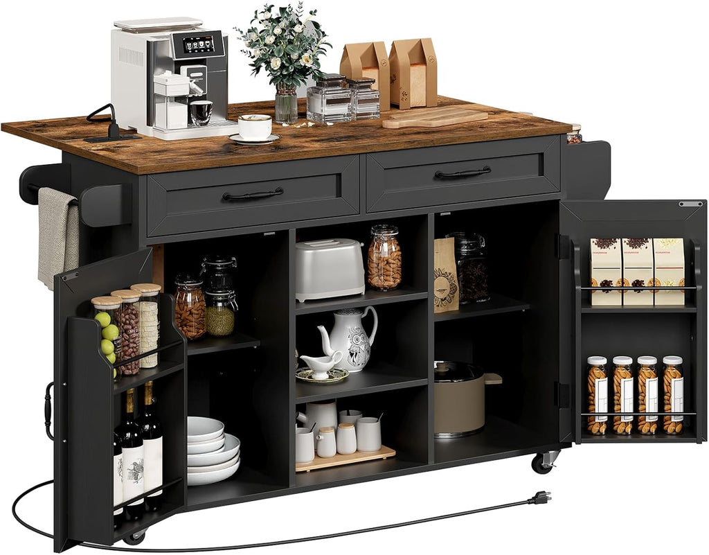 RALGEND Kitchen Island with Power Outlets & Drop Leaf, Kitchen Cart with Storage, Drawer and Spice Rack, Tower Rack, Island Table, Black and Rustic Brown