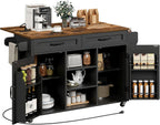 RALGEND Kitchen Island with Power Outlets & Drop Leaf, Kitchen Cart with Storage, Drawer and Spice Rack, Tower Rack, Island Table, Black and Rustic Brown