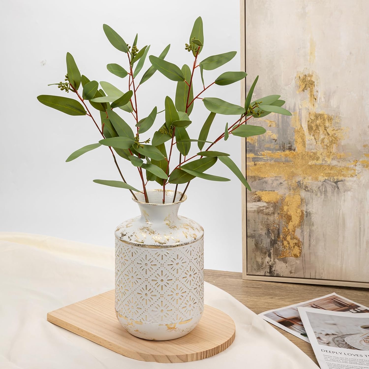 Flower Vase Rustic Metal Vase, 10.2" Vintage White and Gold Distressed Vase for Farmhouse Home Décor Artificial Flowers and Centerpieces