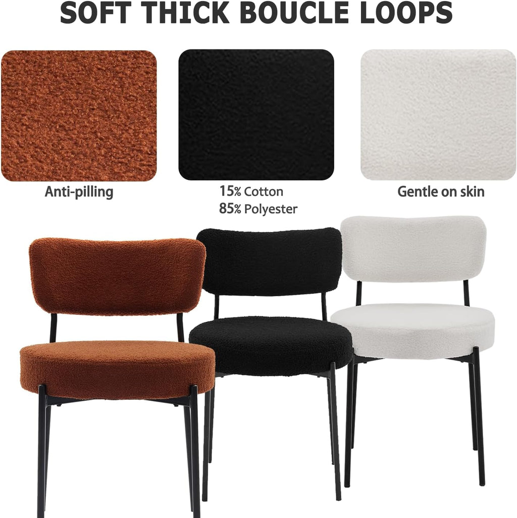 Boucle Dining Chair Set of 8, Mid Century Modern Upholstered Kitchen Chairs with Curved Backrest & Black Metal Legs, Round Dining Room Chairs, Brown