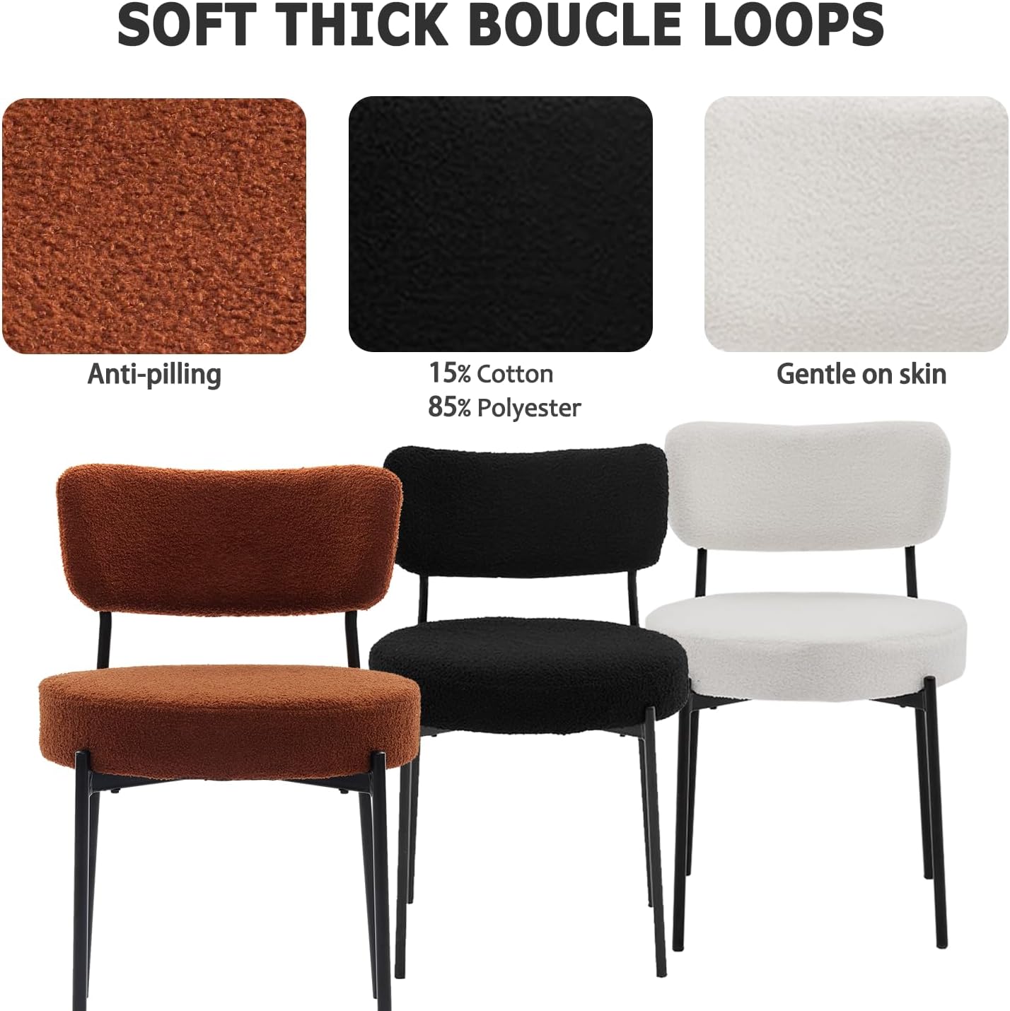 Boucle Dining Chair Set of 8, Mid Century Modern Upholstered Kitchen Chairs with Curved Backrest & Black Metal Legs, Round Dining Room Chairs, Brown
