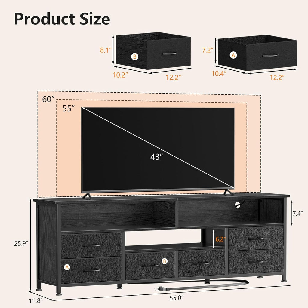 Furologee 55 Inch TV Stand, Entertainment Center with Power Outlets and LED Lights for 55 60 Inch TVs, Media Console Table Dresser with 6 Fabric Drawers, for Bedroom, Living Room, Black