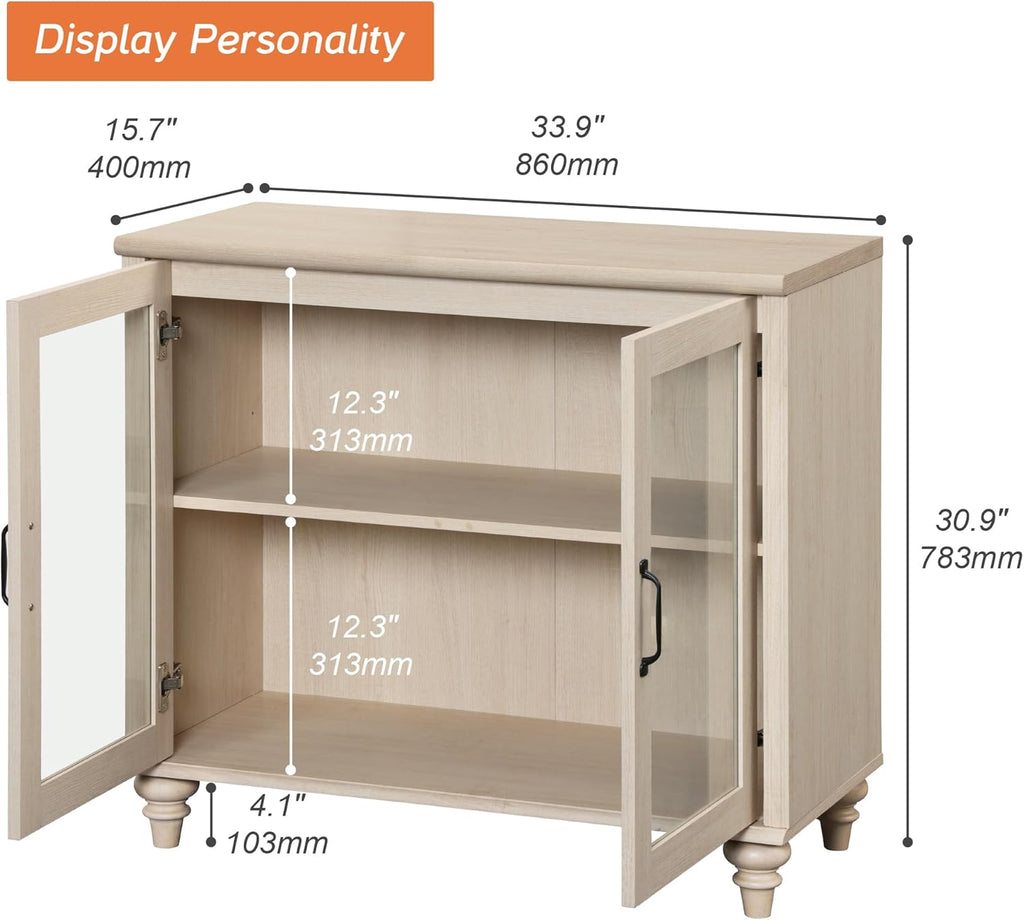 WAMPAT Farmhouse End Table with Ample Storage, Large Mid Century Modern Wood Bedside Table Night Stand, Wide Sofa Side End Table with Glass Doors, Cabinet for Living Room, Bedroom, Beige