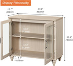 WAMPAT Farmhouse End Table with Ample Storage, Large Mid Century Modern Wood Bedside Table Night Stand, Wide Sofa Side End Table with Glass Doors, Cabinet for Living Room, Bedroom, Beige