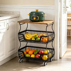 3-Tier Rolling Kitchen Storage Cart Fruit Basket Stand for Vegetables & Snacks Stackable Wire Pantry Floor Organizer with Wheels for Kitchen, Living Room, Bedroom, Office (Black)