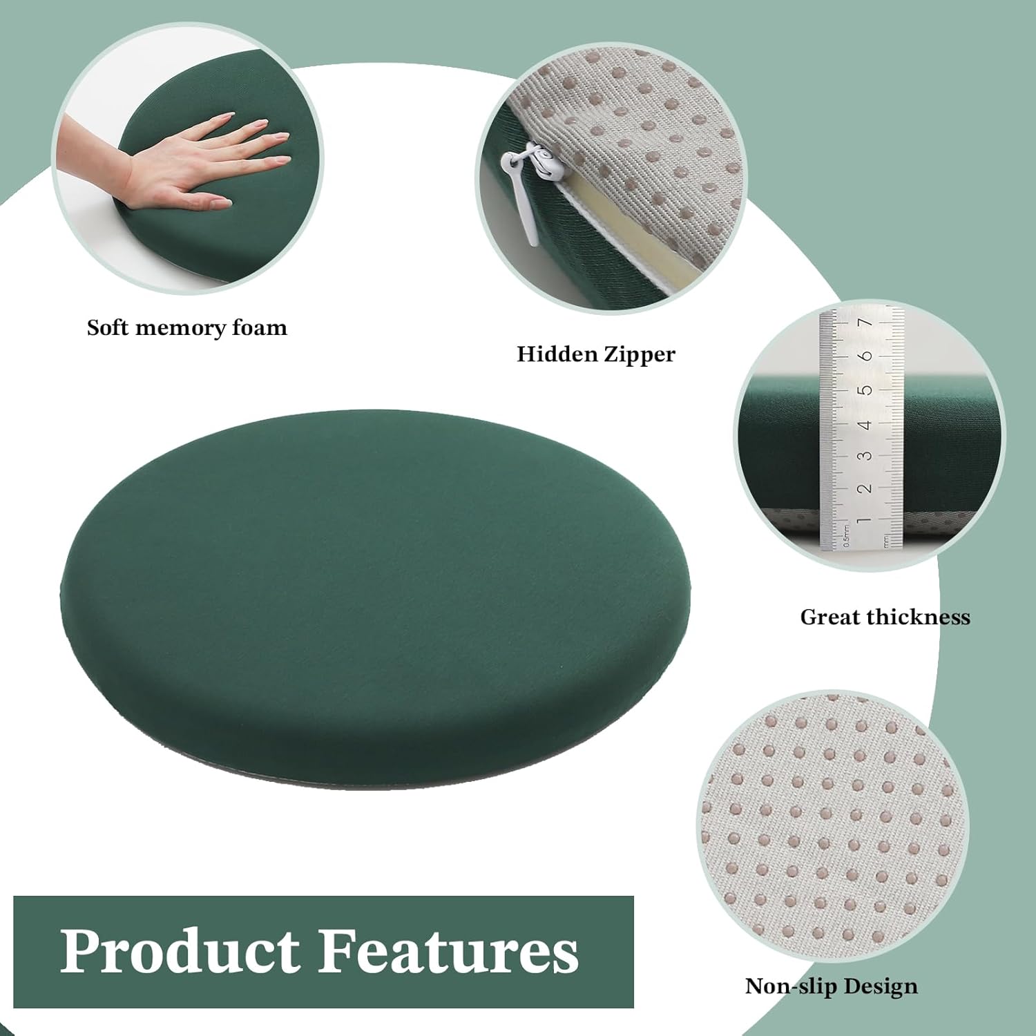 Dark Green 15.7 Inch 2 Pack Round Memory Foam Chair Pad, 1.8" Thick Anti-Slip Stool Cushion for Extended Sitting, Comfortable Seat Cushion for Dining Room Kitchen Office with Removable Cover