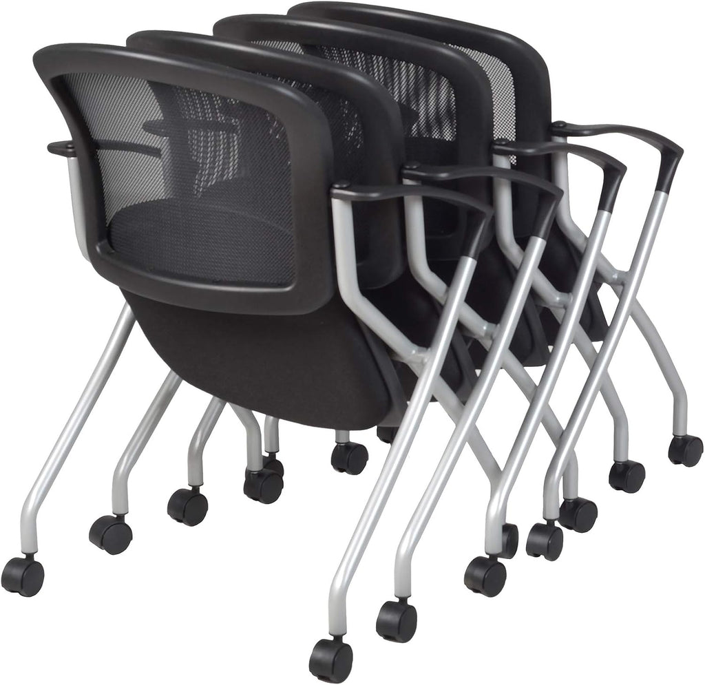 Regency Cadence Flexible High-Back Nesting Chair with Padded Fabric Seat – Breathable Mesh, Flip-Up Seat & Casters for Training Rooms, Classrooms & Offices (4-Pack, Black)