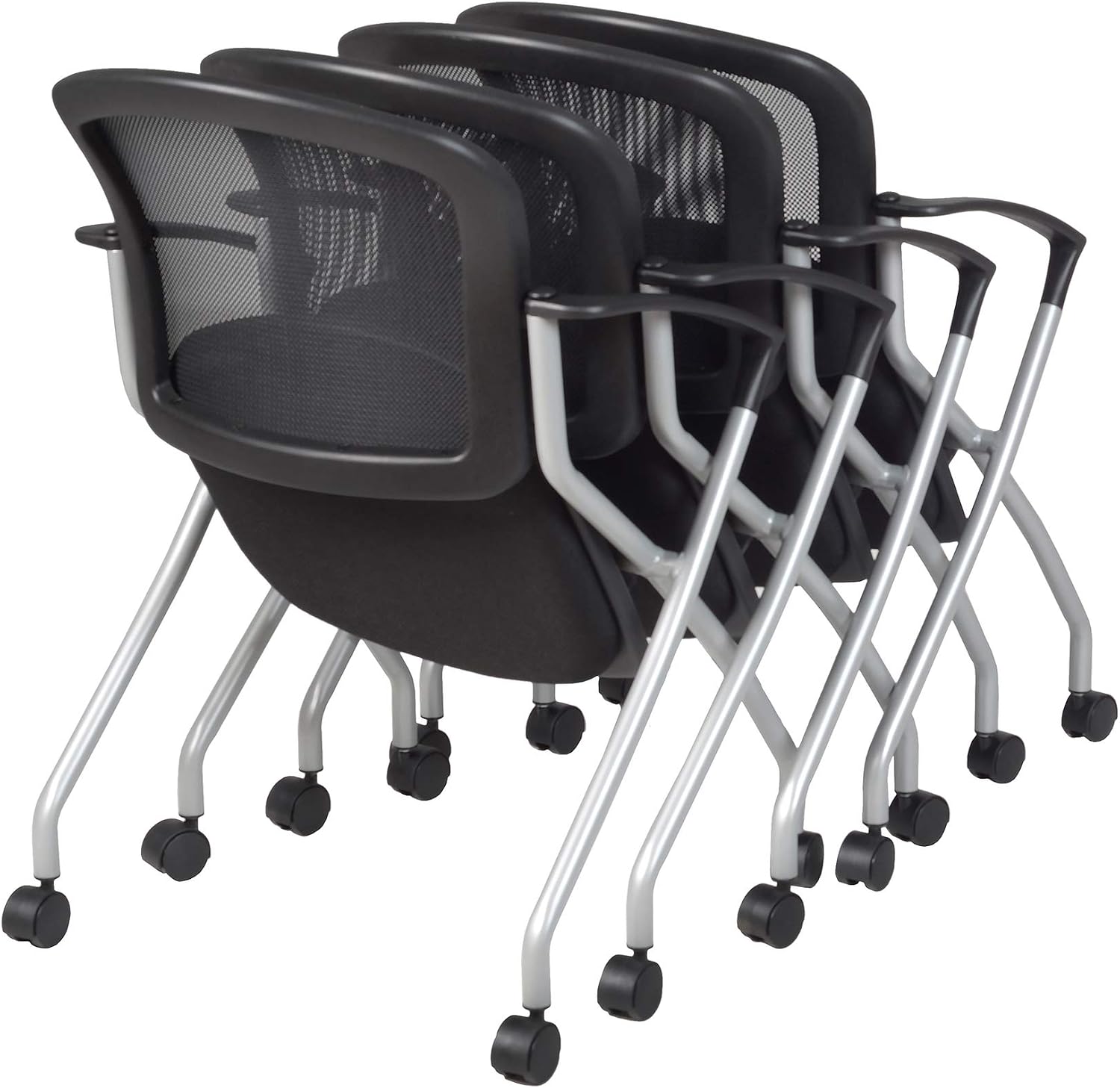 Regency Cadence Flexible High-Back Nesting Chair with Padded Fabric Seat – Breathable Mesh, Flip-Up Seat & Casters for Training Rooms, Classrooms & Offices (4-Pack, Black)