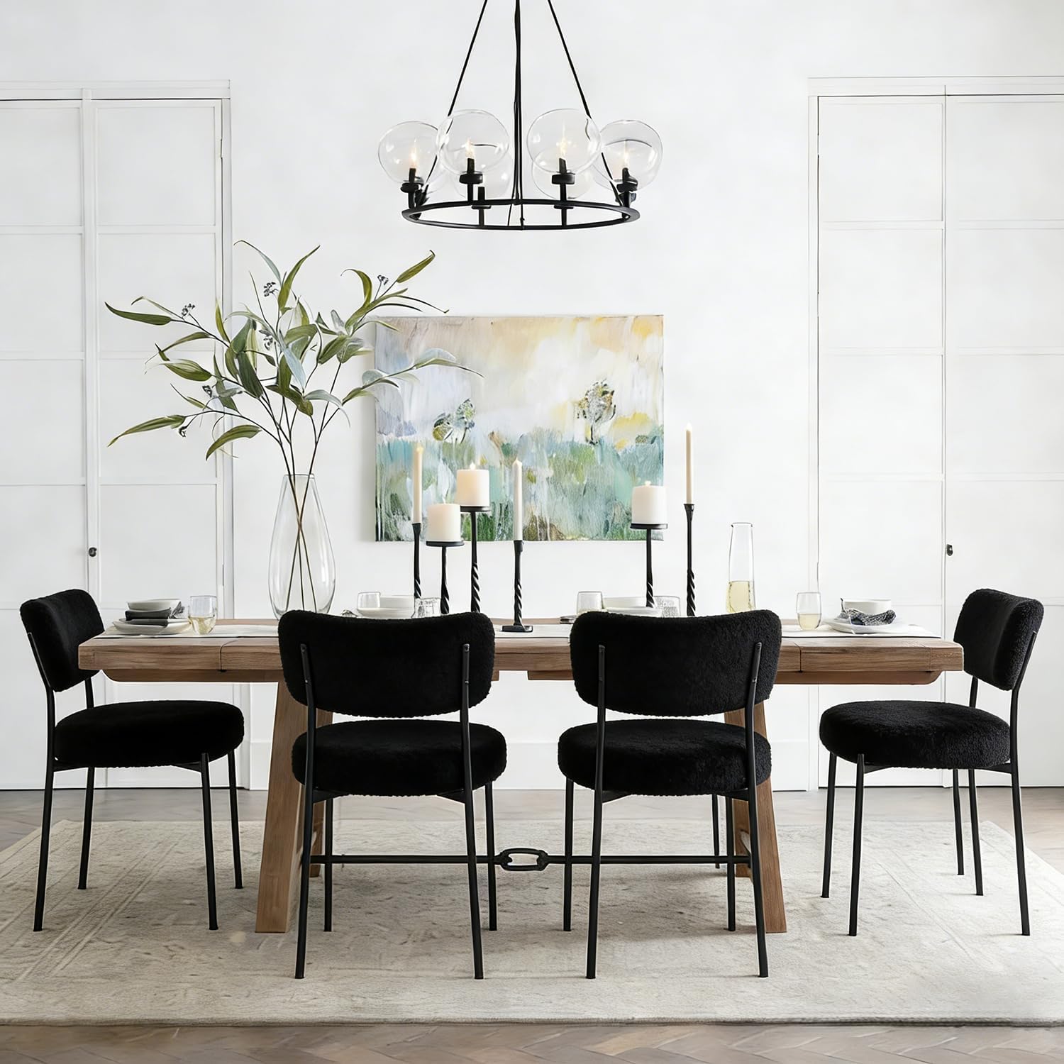 Black Boucle Dining Chairs Set of 4, Upholstered Dinner Chair with Metal Frame, Dining Room Chairs with Padded Seat, Round Modern Seating for Living Room