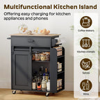 YATINEY Kitchen Island with Storage, Mobile Kitchen Cart with Charging Station, Kitchen Island on Wheels, Rolling Island Table with Sliding Cabinet Door, Black and Rustic Brown ZD01UBR