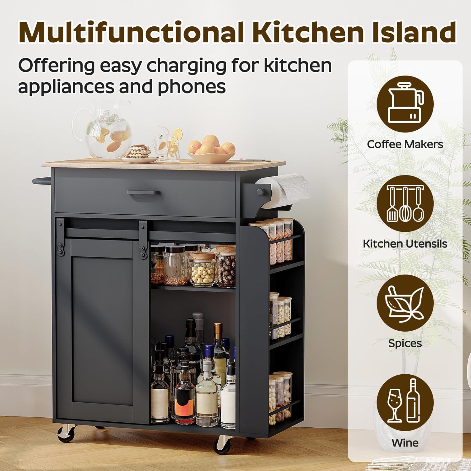 YATINEY Kitchen Island with Storage, Mobile Kitchen Cart with Charging Station, Kitchen Island on Wheels, Rolling Island Table with Sliding Cabinet Door, Black and Rustic Brown ZD01UBR