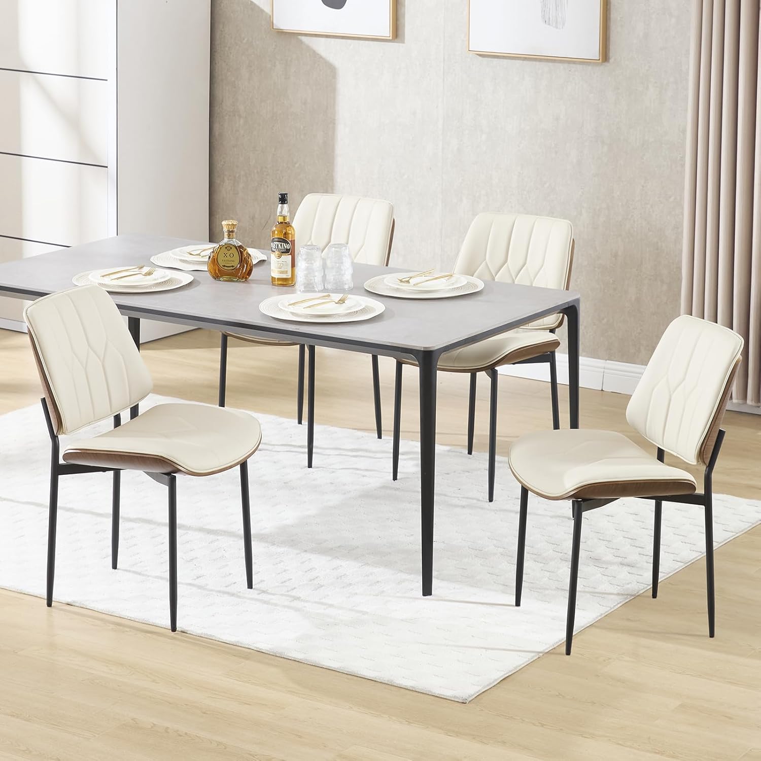 BV Mid Century Modern Dining Chairs Set of 4, Upholstered Pu Leather Armless Accent Chair with Walnut Bentwood Back, Retro Kitchen Chair for Dining Room, Living Room, Kitchen, Beige