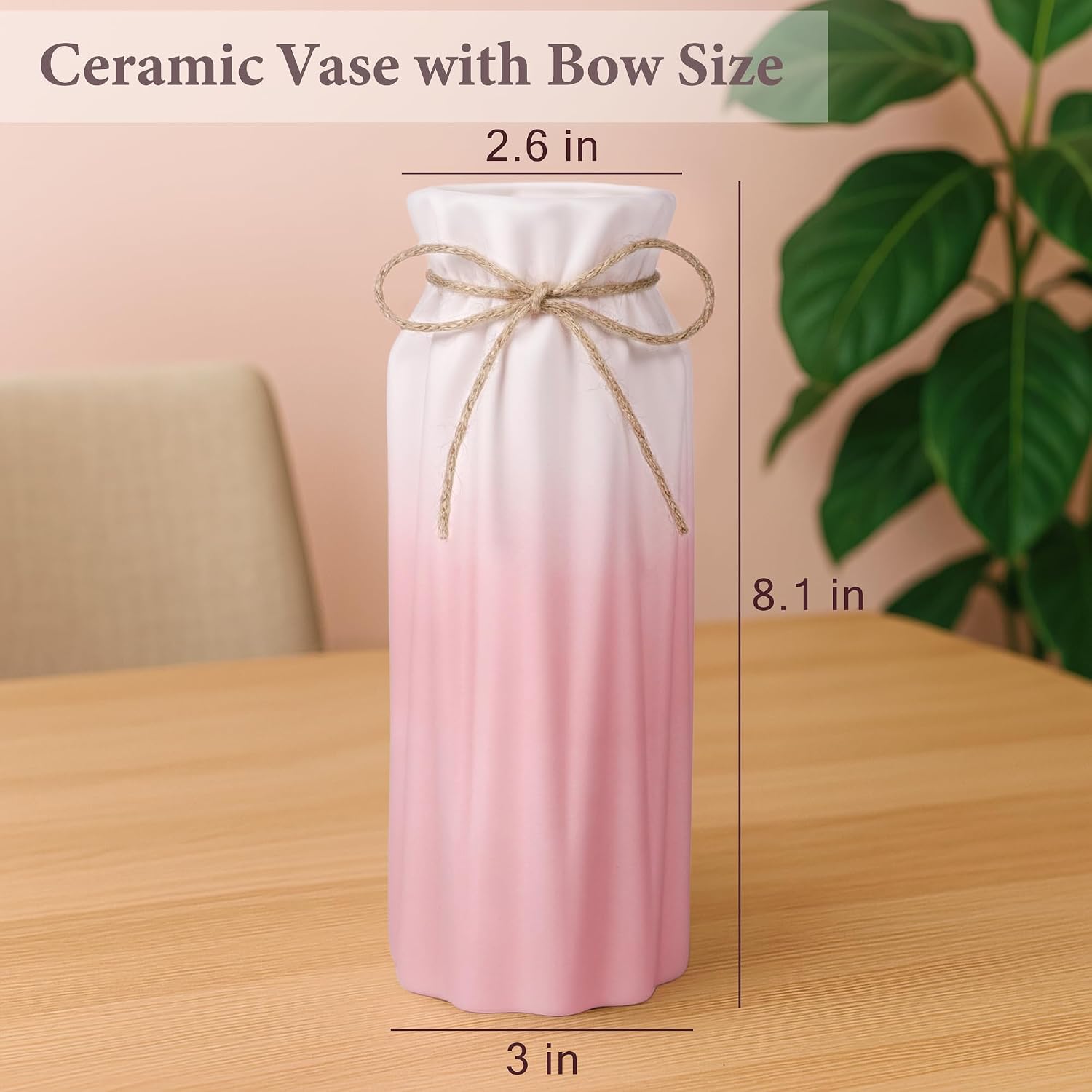 Gradient Pink Ceramic Bow Vase, Flower Vases Minimalism Style for Modern Home Decor, Decorative Vase for Living Room, Coffee Table, Office, Bookshelf and Farmhouse Table (Pink)