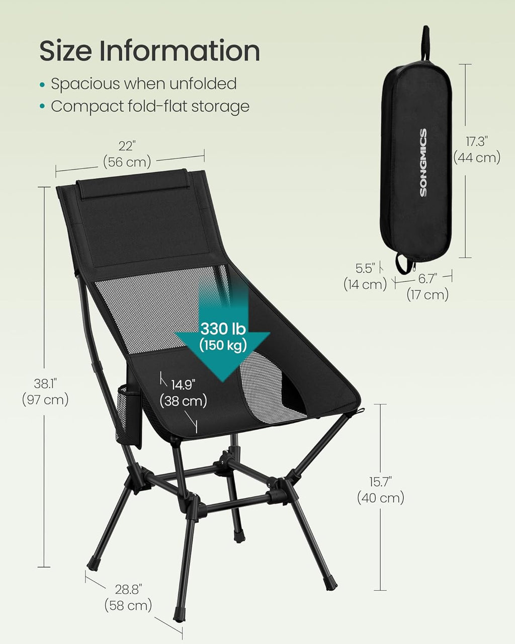 SONGMICS Camping Chair, Lightweight Folding Beach Chair, Adjustable Height, Steel Frame, Portable for Outdoor Travel