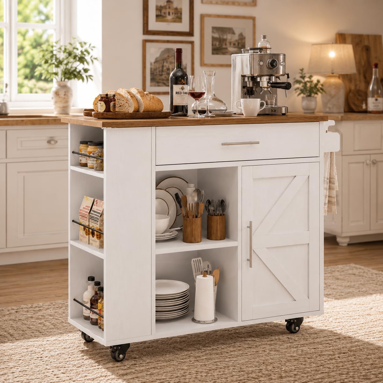 4 EVER WINNER 39" Rolling Kitchen Island with Storage and Drawer, Farmhouse Kitchen Island on Wheels with 3-Tier Spice Rack, Adjustable Shelf & Towel Rack, Mobile Kitchen Cart for Small Space, White