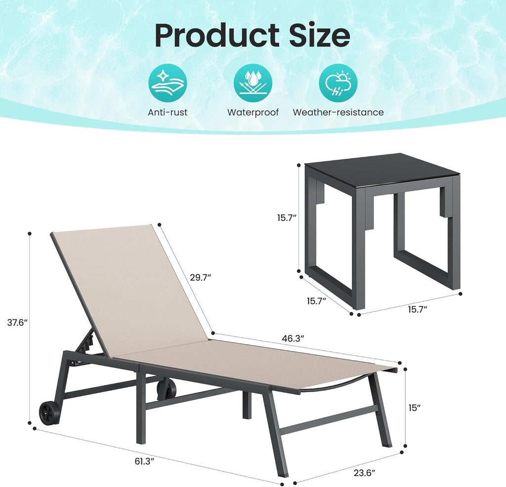 Amopatio Patio Lounge Chairs with Wheels 2 Outdoor Chaise Lounges and 1 Side Table for Poolside Adjustable Lounge Chair with Heavy-Duty Steel Frame for Backyard Poolside,400 LBS Capacity, Khaki
