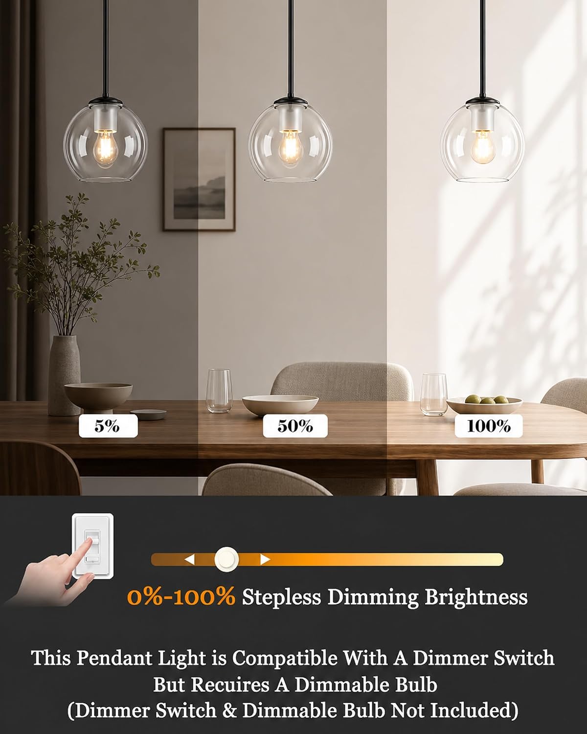 BTP Modern Glass Globe Pendant Light for Kitchen Island, Black Pendant Light Fixture with Adjustable Height Rods, Sloped Ceiling Compatible Clear Glass Hanging Light, E26 Base for Dining Room Foyer