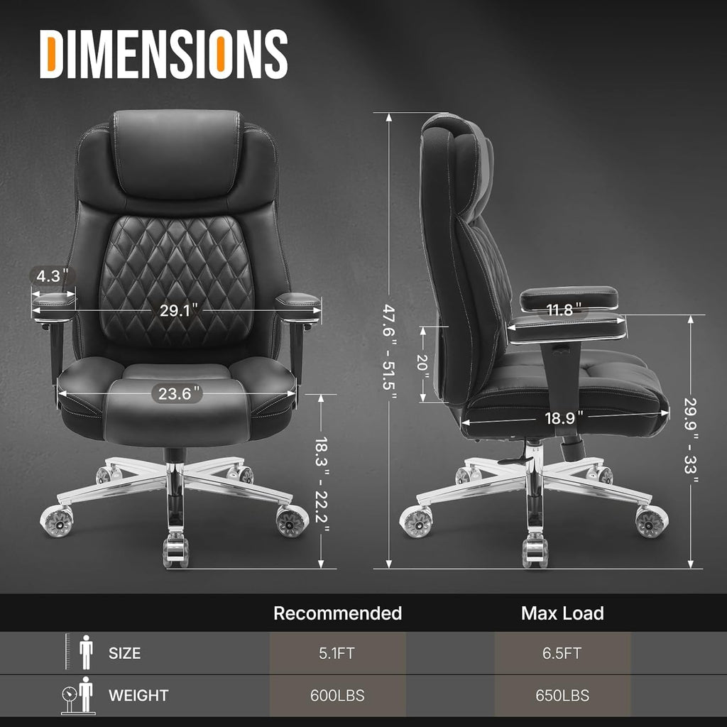 Big and Tall Office Chair 650lbs,Heavy Duty Office Chairs with Dual Rubber Wheels,Extra Wide Desk Chair,Adjustable Ergonomic Lumbar Support,High Back Rocking Computer Chair for Heavy People