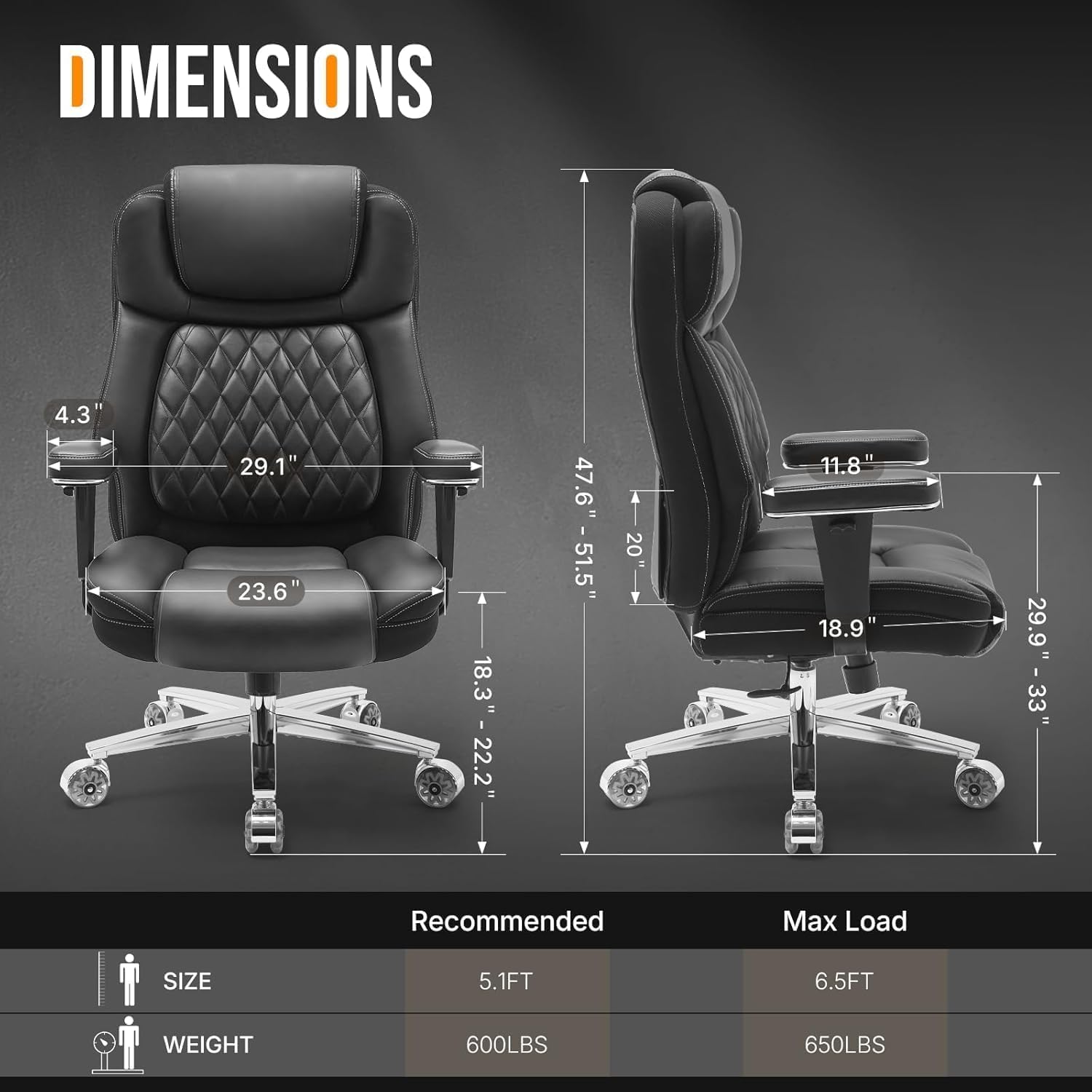 Big and Tall Office Chair 650lbs,Heavy Duty Office Chairs with Dual Rubber Wheels,Extra Wide Desk Chair,Adjustable Ergonomic Lumbar Support,High Back Rocking Computer Chair for Heavy People