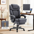 Reclining Office Desk Chair with Footrest Wide Seat Heavy Duty Desk Chair with Lumbar Support, 500lb Faux Leather Big Tall Office Chair with Leg Rest, Grey