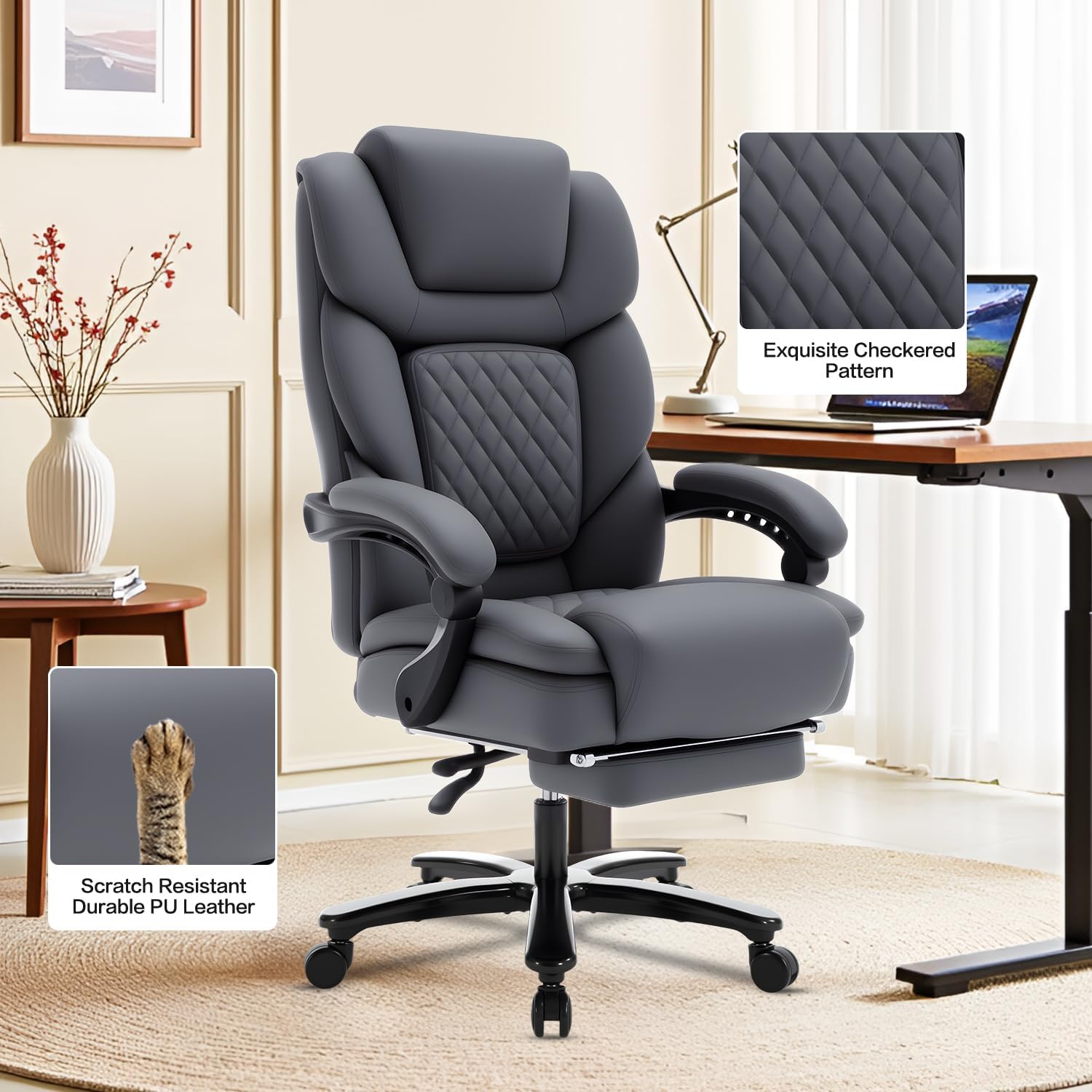 Reclining Office Desk Chair with Footrest Wide Seat Heavy Duty Desk Chair with Lumbar Support, 500lb Faux Leather Big Tall Office Chair with Leg Rest, Grey