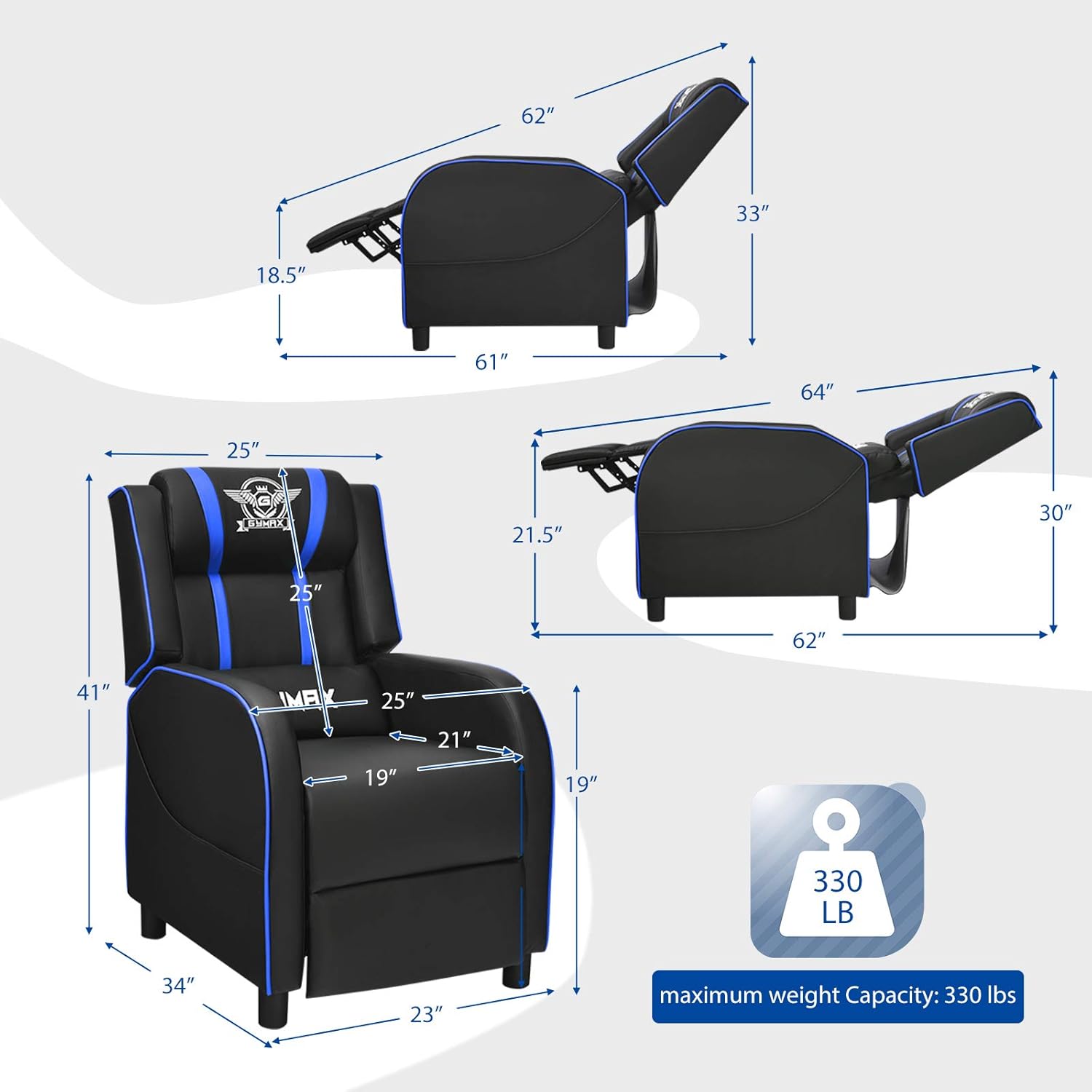 POWERSTONE Gaming Recliner Chair, Reclining Gaming Chairs for Adults Ergonomic Leather Sofa with Footrest Lumbar Support Headrest and Side Pouch for Living Room Home Theater, Blue