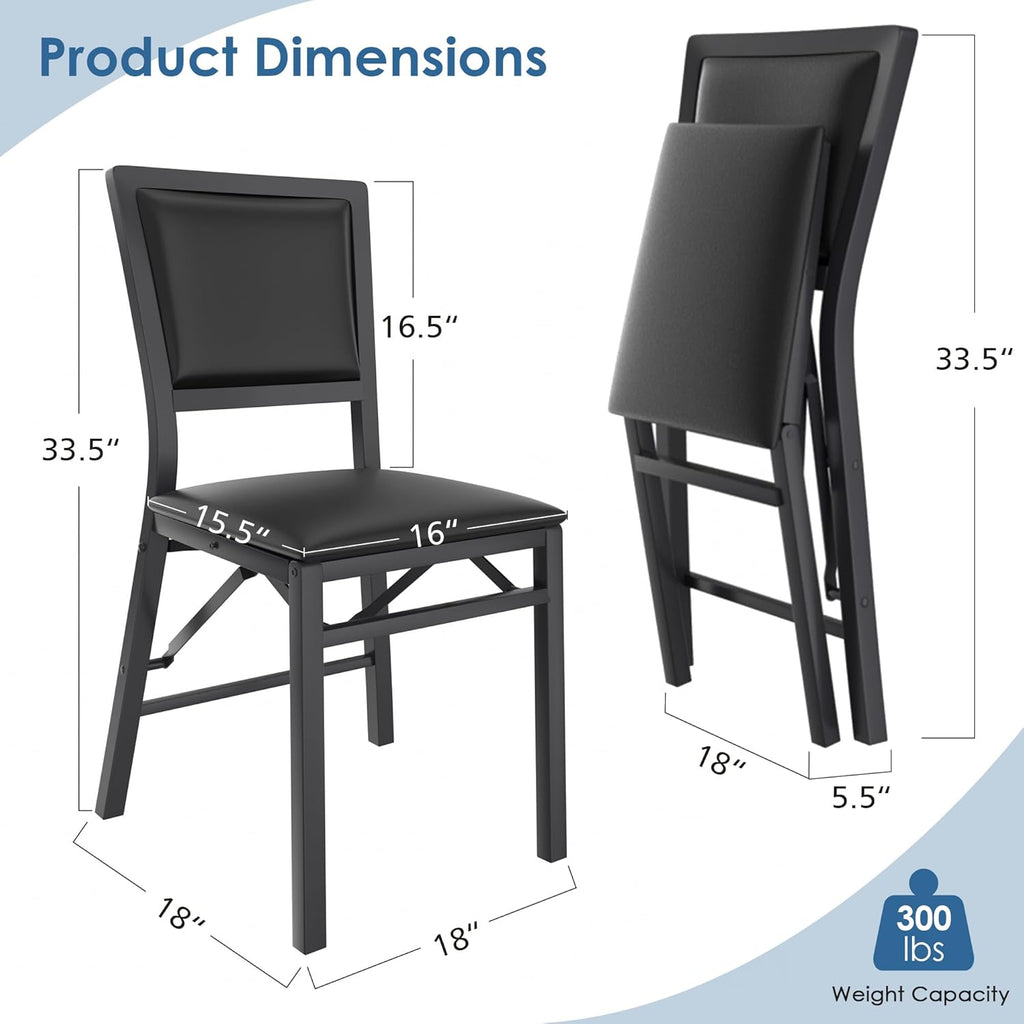VECELO Folding Chairs Set of 4 with Cushion, Foldable Padded Seats with Heavy Duty Metal Frame for Kitchen/Dining/Living Room, No Assembly & Space Saving Design, Black