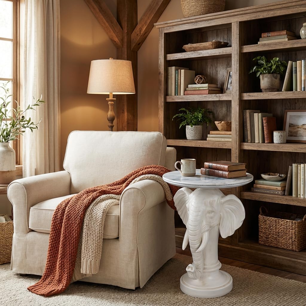 Elephant End Table – 25.98in Tall Artificial Marble Top Decorative Accent Table with Resin Sculpture Base, Perfect for Living Room, Bedroom, Entryway