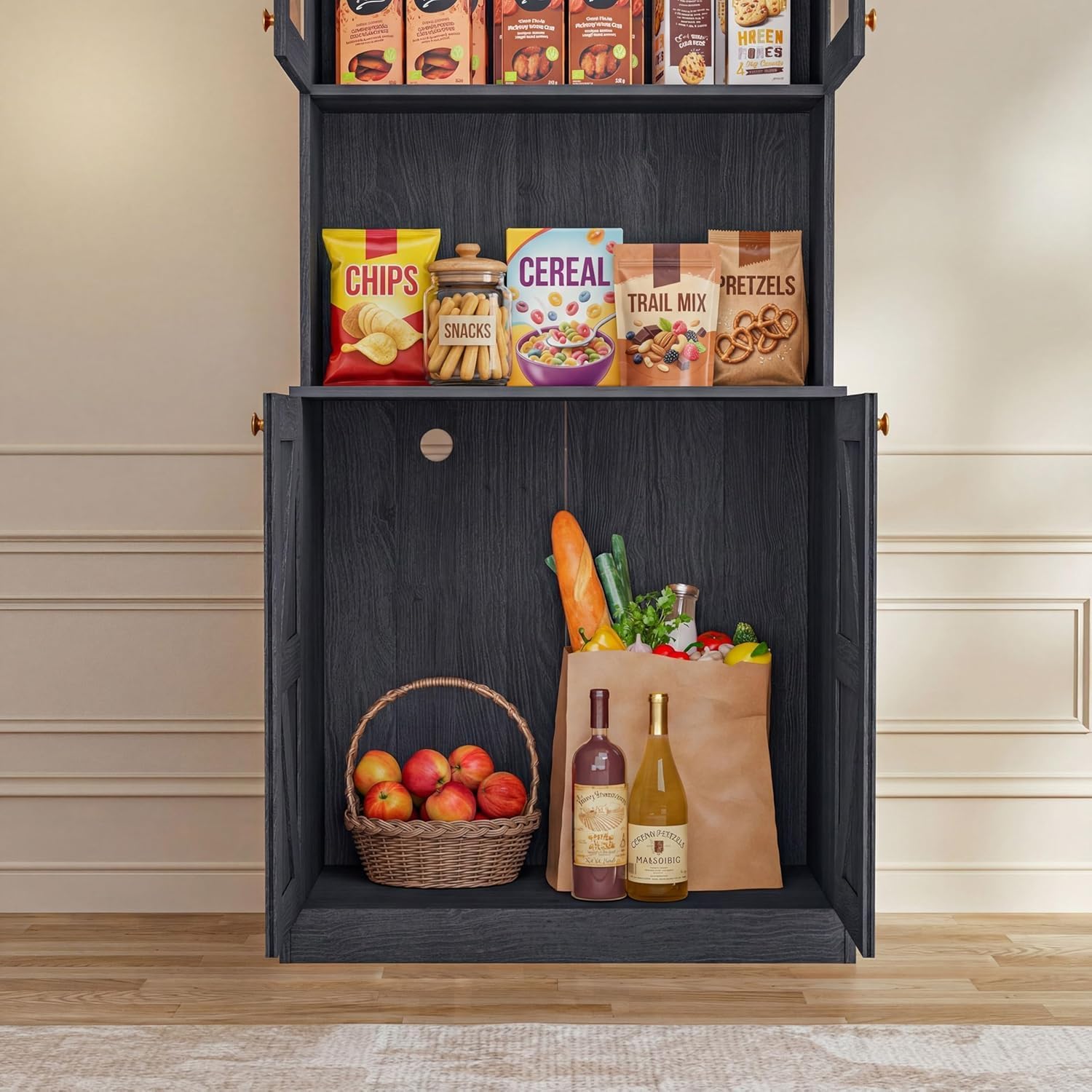 71" Black Farmhouse Kitchen Pantry Cabinet Set of 3— Freestanding Coffee Bar with Glass Doors or Drawers, Microwave Stand, Large Storage Hutch with Adjustable Shelves for Living Room and Kitchen