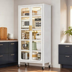 65.16" Tall Kitchen Pantry Storage Cabinet, Large Kitchen Display Cabinet with Wheels, Freestanding Buffet Cabinets with Adjustable Shelf & 2 Doors for Home, Dining Room, Living Room, White